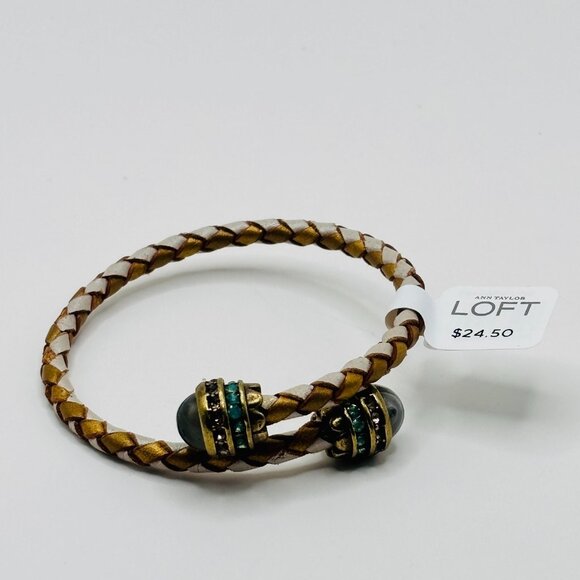 Ann Taylor LOFT Braided Leather Wrap Bracelet Gold White with Gemstone Ends NWT - Picture 3 of 4